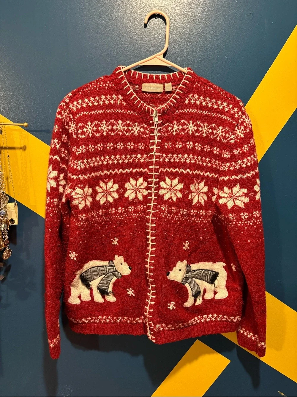Croft & Barrow Red & White Snowflake & Polar Bear Silk & Wool Blend Sweater EUC